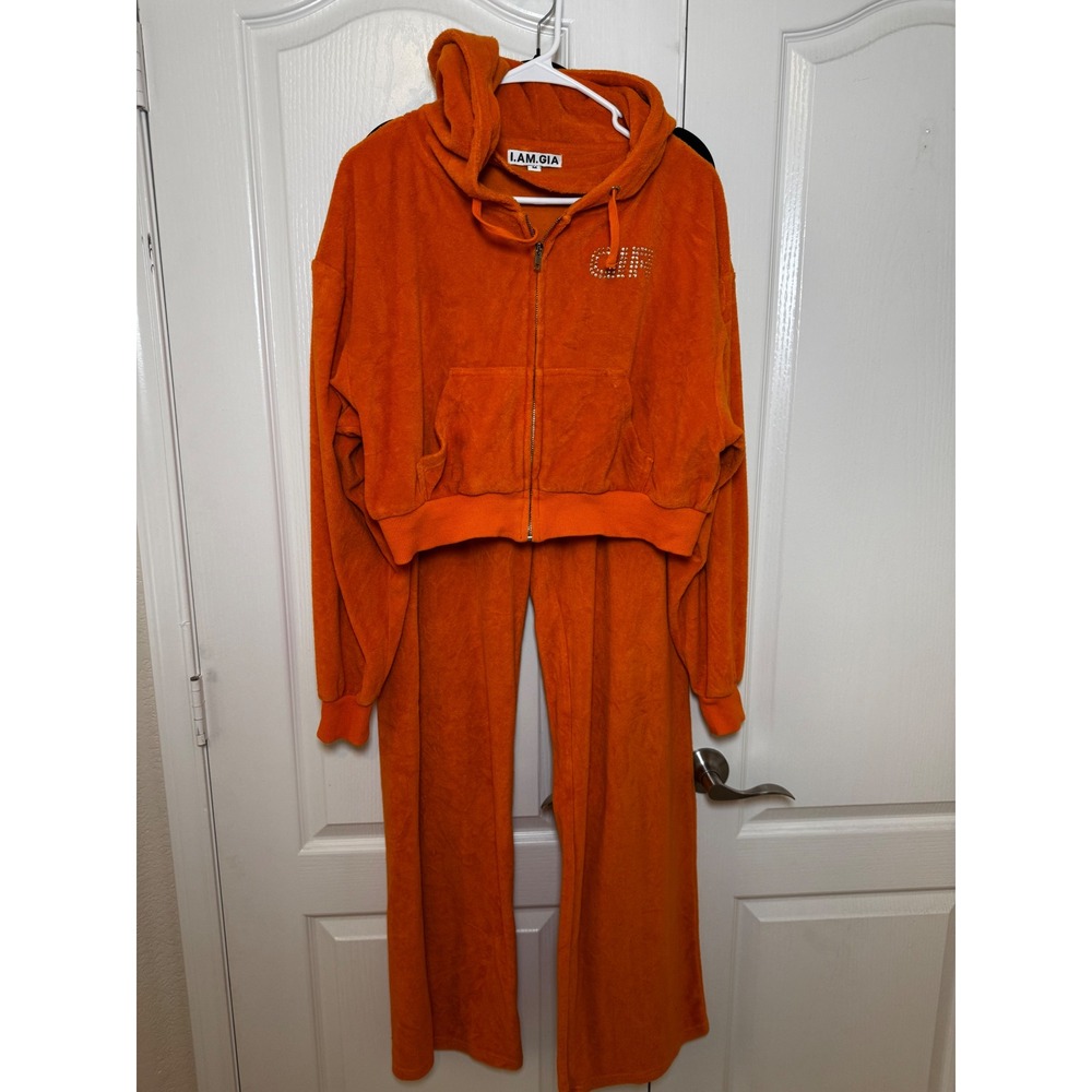 ‼️SALE‼️I.AM.GIA Orange Velour Tracksuit Set Cropped Hoodie Wide Leg Pants Rhine